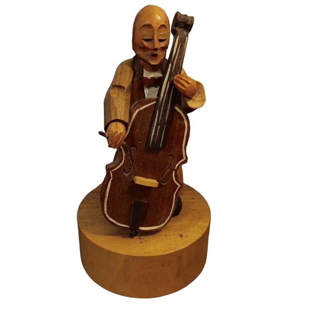 ANRI Italy Reuge Handcarved Wood Music Box WORKS Cello Bass Player Man‎ READ
